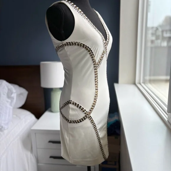 Bebe Cream Bodycon Sleeveless Mini Dress with Gold Studs & Sequins - Sexy Party - Picture 7 of 16